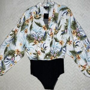 FKSP Women’s Hawaiian Floral Bodysuit Small Mesh Panties Bell Sleeve Button Down